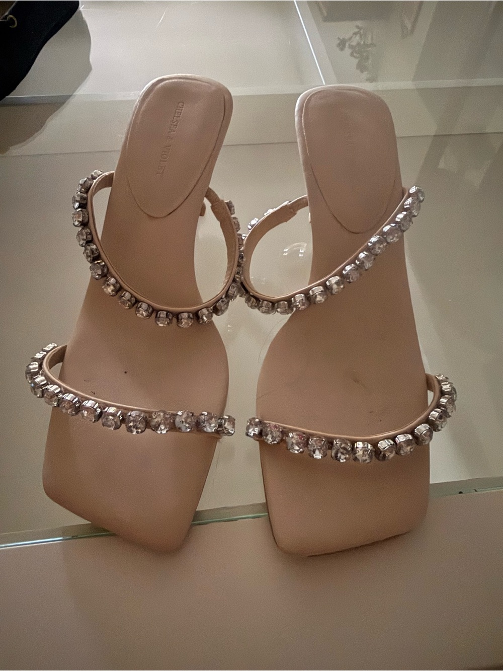 Chelsea & Violet Nude Crystal-Strap Square-Toe Slide Heels